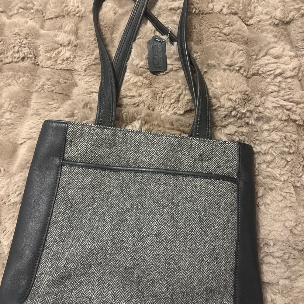 Coach Gray Herringbone Tote with Black Trim